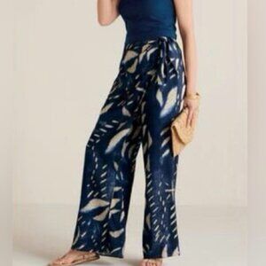 Soft Surroundings Navy Abstract Print 12 Wide Leg Wrap Pants Linen Blend